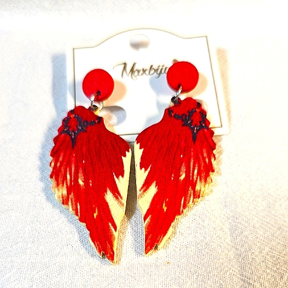 Moxbijou Red and Yellow Feather Earrings - Picture 1 of 1